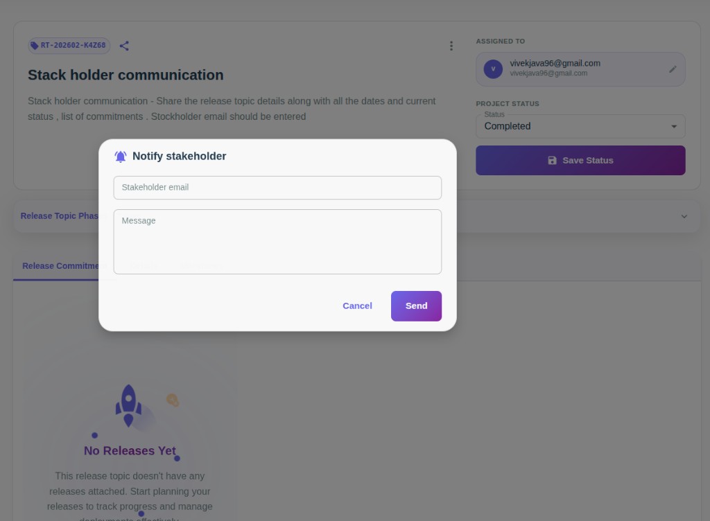 Notify stakeholder modal with email and message fields