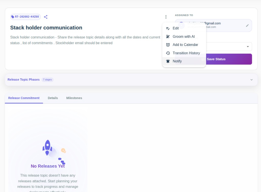 Release topic details with Notify in the actions menu